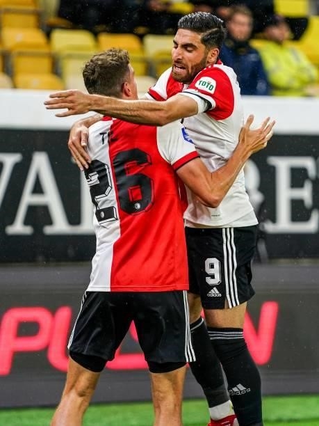 Guus Til of Feyenoord, Alireza Jahanbakhsh of Feyenoord celebrate 2-1 during the UEFA Conference League play-offs match between IF Elfsborg and...