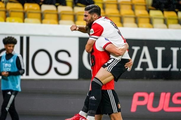 Guus Til of Feyenoord, Alireza Jahanbakhsh of Feyenoord celebrate 2-1 during the UEFA Conference League play-offs match between IF Elfsborg and...