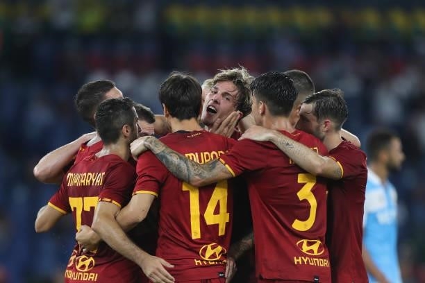 Nicolo' Zaniolo with his teammates of AS Roma celebrates after scoring the team's second goal during the UEFA Conference League Play-Offs Leg Two...