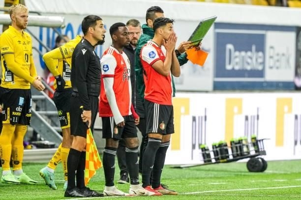 Ridgeciano Haps of Feyenoord, Naoufal Bannis of Feyenoord during the UEFA Conference League play-offs match between IF Elfsborg and Feyenoord at...