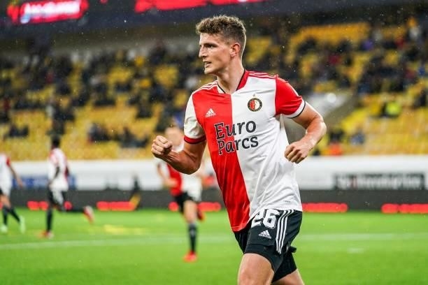 Guus Til of Feyenoord celebrates 2-1 during the UEFA Conference League play-offs match between IF Elfsborg and Feyenoord at the Boras Arena on August...