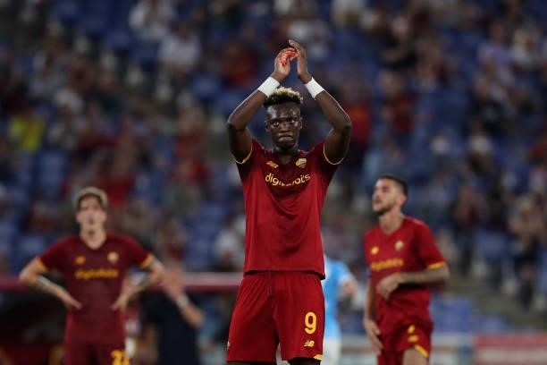 Tammy Abraham of AS Roma acknowledges the fans during the UEFA Conference League Play-Offs Leg Two match between AS Roma and Trabzonspor at Olimpico...