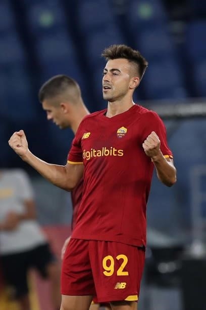Stephan El Shaarawy of AS Roma celebrates after scoring his team's third goal during the UEFA Conference League Play-Offs Leg Two match between AS...