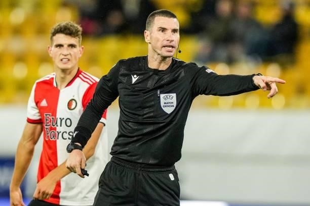 Referee Georgi Kabakov during the UEFA Conference League play-offs match between IF Elfsborg and Feyenoord at the Boras Arena on August 26, 2021 in...
