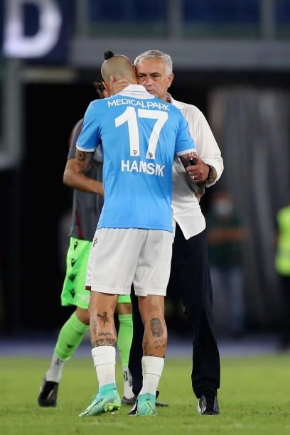 Roma head coach Jose' Mourinho and Marek Hamsik reacts after the UEFA Conference League Play-Offs Leg Two match between AS Roma and Trabzonspor at...
