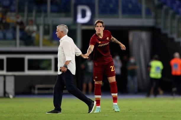 Roma head coach Jose' Mourinho and Nicolo' Zaniolo react after the UEFA Conference League Play-Offs Leg Two match between AS Roma and Trabzonspor at...