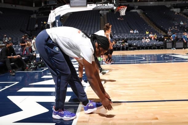 Sylvia Fowles of the Minnesota Lynx warms up before the game against the Seattle Storm on August 24, 2021 at Target Center in Minneapolis, Minnesota....