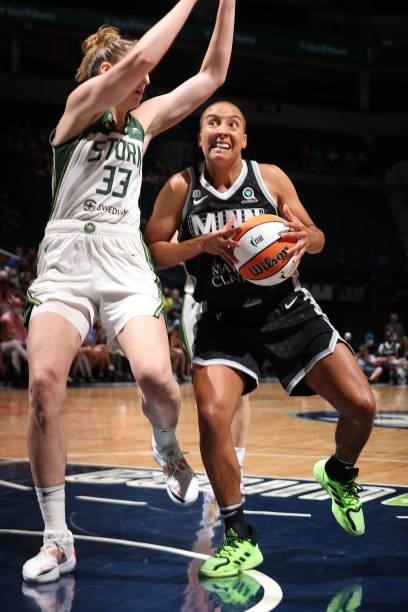 Layshia Clarendon of the Minnesota Lynx drives to the basket against the Seattle Storm on August 24, 2021 at Target Center in Minneapolis, Minnesota....