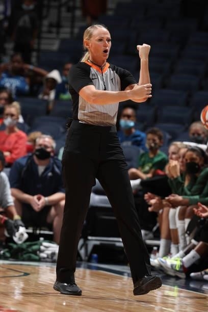 Referee, Tiffany Bird makes a call during the game between the Seattle Storm and the Minnesota Lynx on August 24, 2021 at Target Center in...