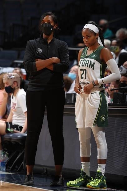 Seattle Storm Head Coach, Noelle Quinn and Jordin Canada of the Seattle Storm look on during the game against the Minnesota Lynx on August 24, 2021...