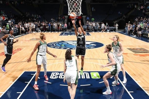 Layshia Clarendon of the Minnesota Lynx shoots the ball against the Seattle Storm on August 24, 2021 at Target Center in Minneapolis, Minnesota. NOTE...