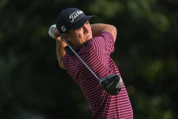 Justin Thomas tees off on the 16th hole during the first round of the BMW Championship at Caves Valley Golf Club on August 26, 2021 in Owings Mills,...