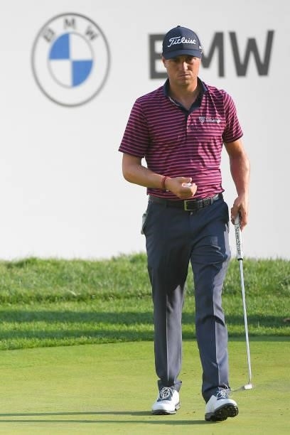Justin Thomas plays the 15th green during the first round of the BMW Championship at Caves Valley Golf Club on August 26, 2021 in Owings Mills,...
