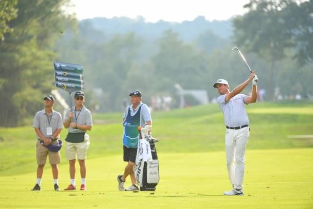 Harris English hits a shot on the 15th fairway during the first round of the BMW Championship at Caves Valley Golf Club on August 26, 2021 in Owings...