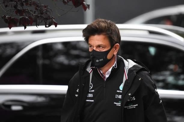 Mercedes AMG Petronas F1 Team's team principal Toto Wolff walks out of the paddock at the Spa-Francorchamps circuit in Spa on August 27 ahead of the...