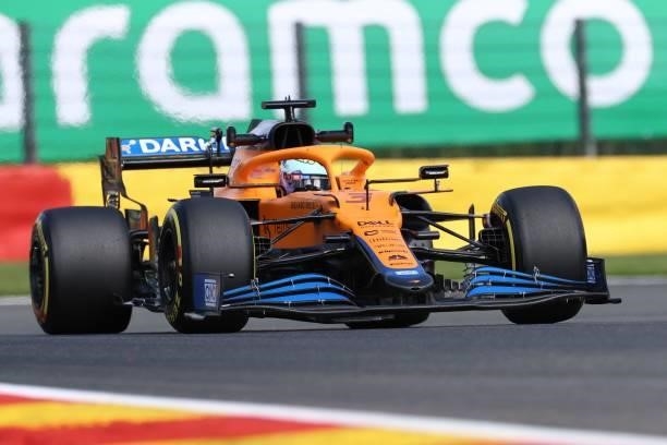 McLaren's Australian driver Daniel Ricciardo drives during the first practice session of the Formula One Belgian Grand Prix at the Spa-Francorchamps...