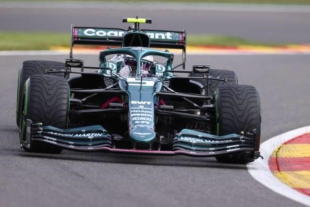 Aston Martin's German driver Sebastian Vettel drives during the first practice session of the Formula One Belgian Grand Prix at the Spa-Francorchamps...