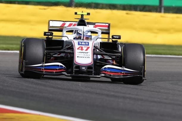 Haas F1's German driver Mick Schumacher drives during the first practice session of the Formula One Belgian Grand Prix at the Spa-Francorchamps...