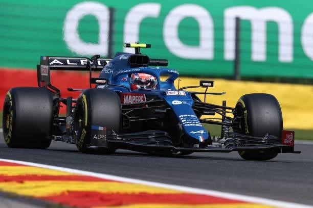 Alpine's French driver Esteban Ocon drives during the first practice session of the Formula One Belgian Grand Prix at the Spa-Francorchamps circuit...