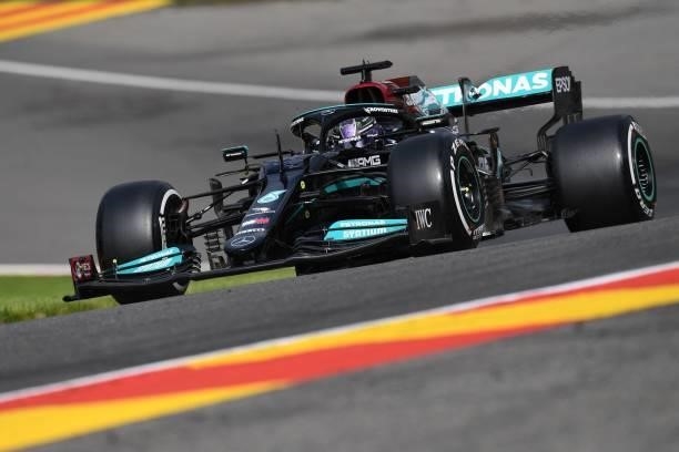 Mercedes' British driver Lewis Hamilton drives during the first practice session of the Formula One Belgian Grand Prix at the Spa-Francorchamps...
