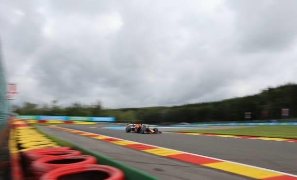 Red Bull's Dutch driver Max Verstappen drives during the first practice session of the Formula One Belgian Grand Prix at the Spa-Francorchamps...