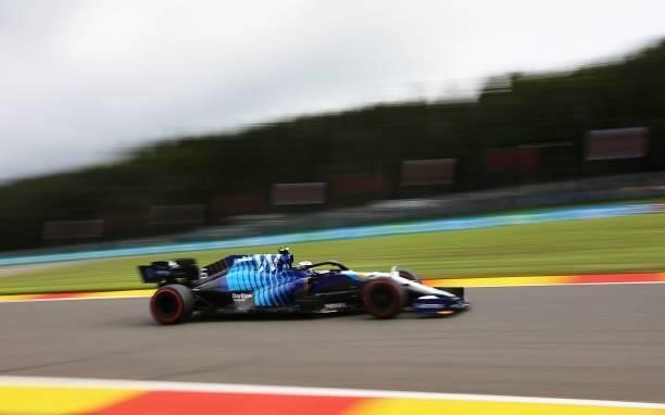 Williams' British driver George Russell drives during the first practice session of the Formula One Belgian Grand Prix at the Spa-Francorchamps...