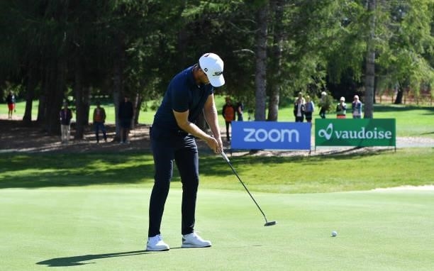 Lucas Bjerregaard of Denmark putting at the 14th hole during Day Two of The Omega European Masters at Crans-sur-Sierre Golf Club on August 27, 2021...