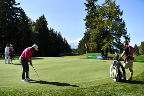 Jean Baptiste Gonnet of France putting at the 16th hole during Day Two of The Omega European Masters at Crans-sur-Sierre Golf Club on August 27, 2021...