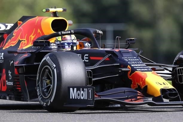 Red Bull's Mexican driver Sergio Perez drives during the first practice session of the Formula One Belgian Grand Prix at the Spa-Francorchamps...