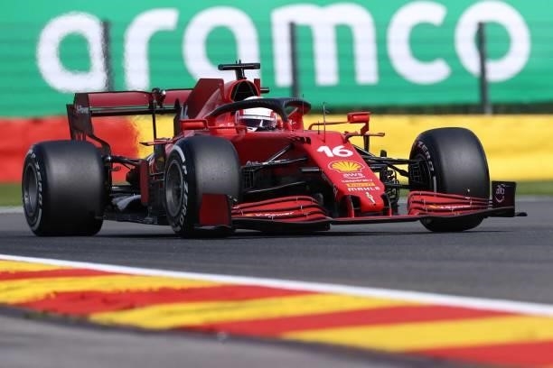 Ferrari's Monegasque driver Charles Leclerc drives during the first practice session of the Formula One Belgian Grand Prix at the Spa-Francorchamps...