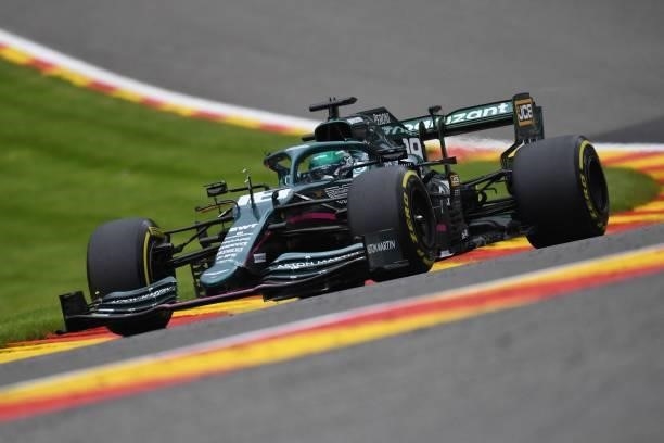 Aston Martin's Canadian driver Lance Stroll drives during the first practice session of the Formula One Belgian Grand Prix at the Spa-Francorchamps...
