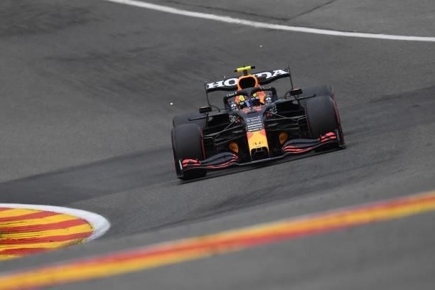 Red Bull's Mexican driver Sergio Perez drives during the first practice session of the Formula One Belgian Grand Prix at the Spa-Francorchamps...