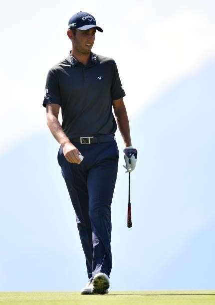 Renato Paratore of Italy putting at the 7th hole during Day Two of The Omega European Masters at Crans-sur-Sierre Golf Club on August 27, 2021 in...