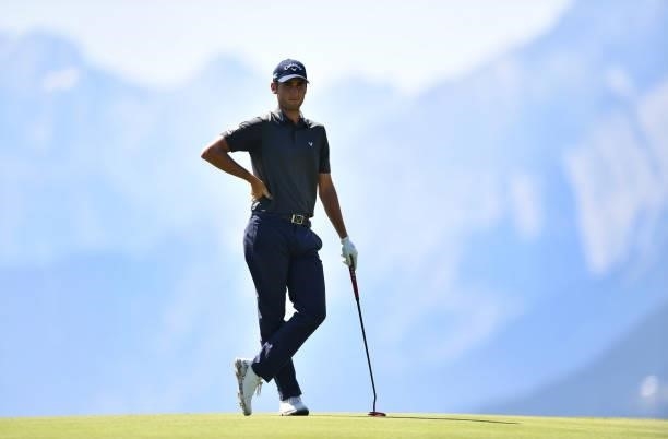 Renato Paratore of Italy putting at the 7th hole during Day Two of The Omega European Masters at Crans-sur-Sierre Golf Club on August 27, 2021 in...