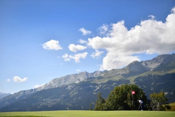 Richard Bland of England putting at the 7th hole during Day Two of The Omega European Masters at Crans-sur-Sierre Golf Club on August 27, 2021 in...