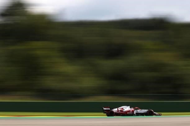 Alfa Romeo's Finnish driver Kimi Raikkonen drives during the second practice session of the Formula One Belgian Grand Prix at the Spa-Francorchamps...
