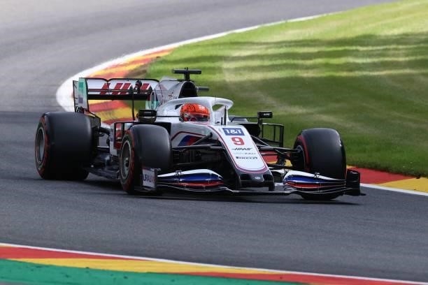 Haas F1's driver Nikita Mazepin drives during the second practice session of the Formula One Belgian Grand Prix at the Spa-Francorchamps circuit in...