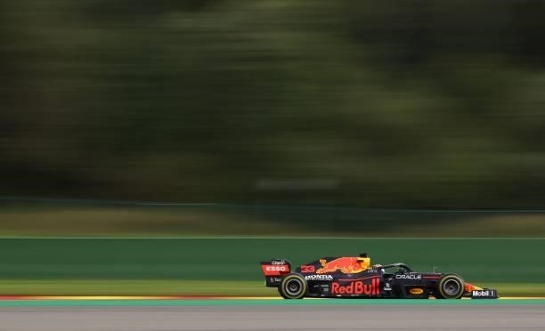 Red Bull's Dutch driver Max Verstappen drives during the second practice session of the Formula One Belgian Grand Prix at the Spa-Francorchamps...