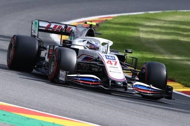 Haas F1's German driver Mick Schumacher drives during the second practice session of the Formula One Belgian Grand Prix at the Spa-Francorchamps...