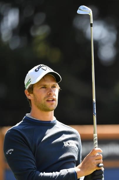 Thomas Detry of Belgium plays his tee shot at the 8th hole during Day Two of The Omega European Masters at Crans-sur-Sierre Golf Club on August 27,...