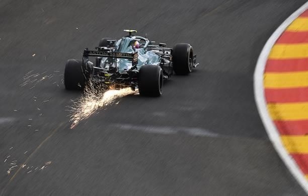 Aston Martin's Canadian driver Lance Stroll drives during the second practice session of the Formula One Belgian Grand Prix at the Spa-Francorchamps...