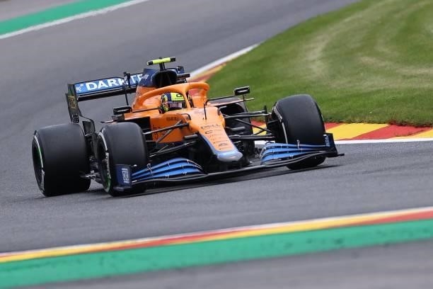 McLaren's British driver Lando Norris drives during the second practice session of the Formula One Belgian Grand Prix at the Spa-Francorchamps...