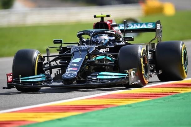 Mercedes' Finnish driver Valtteri Bottasas drives during the second practice session of the Formula One Belgian Grand Prix at the Spa-Francorchamps...