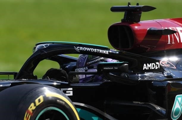 Mercedes' British driver Lewis Hamilton drives during the second practice session of the Formula One Belgian Grand Prix at the Spa-Francorchamps...