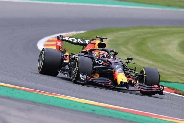 Red Bull's Dutch driver Max Verstappen drives during the second practice session of the Formula One Belgian Grand Prix at the Spa-Francorchamps...