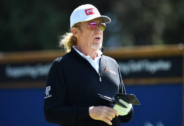 Miguel Angel Jimenez of Spain prepares to play at the 8th hole during Day Two of The Omega European Masters at Crans-sur-Sierre Golf Club on August...