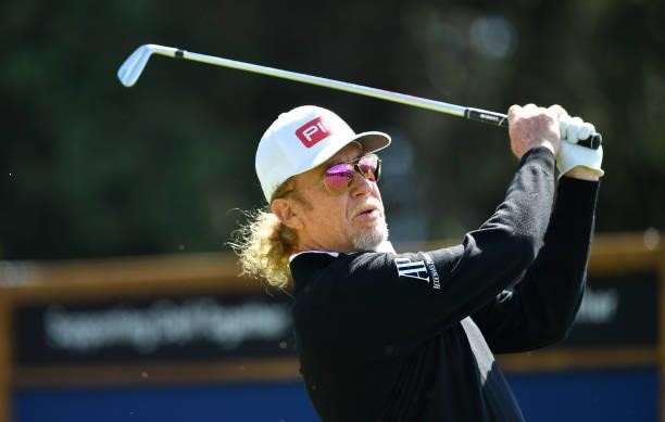 Miguel Angel Jimenez of Spain play his tee shot at the 8th hole during Day Two of The Omega European Masters at Crans-sur-Sierre Golf Club on August...