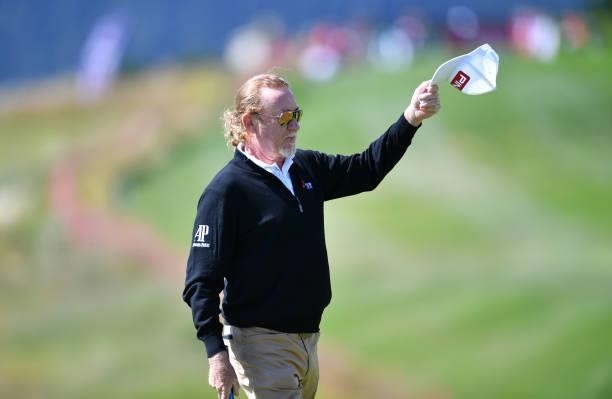Miguel Angel Jimenez of Spain waves at the 7th green during Day Two of The Omega European Masters at Crans-sur-Sierre Golf Club on August 27, 2021 in...