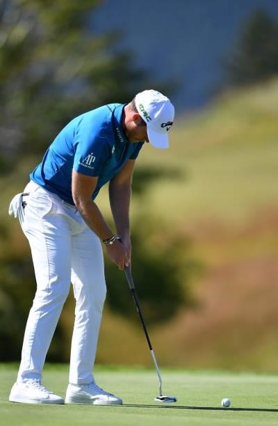 Danny Willett of England putting at the 7th hole during Day Two of The Omega European Masters at Crans-sur-Sierre Golf Club on August 27, 2021 in...