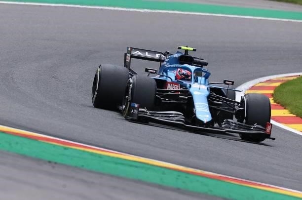 Alpine's French driver Esteban Ocon drives during the second practice session of the Formula One Belgian Grand Prix at the Spa-Francorchamps circuit...